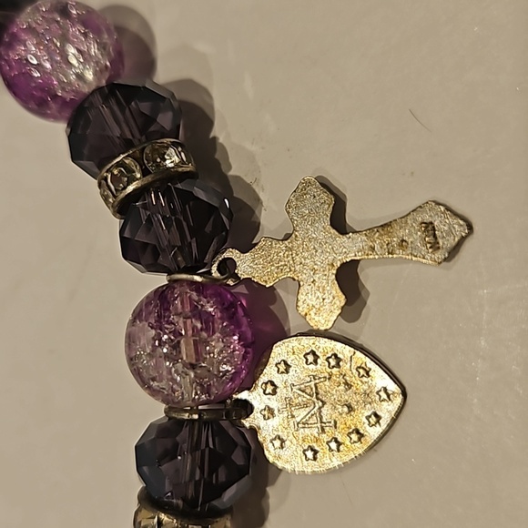 SMOKE CRYSTAL, GLASS BEADS & Rhinestone Rondells w ITALY Cross & Heart Bracelet - Picture 5 of 5
